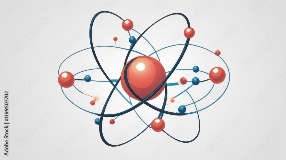 A red ball with blue and white circles surrounding it A red ball with blue and white circles surrounding it