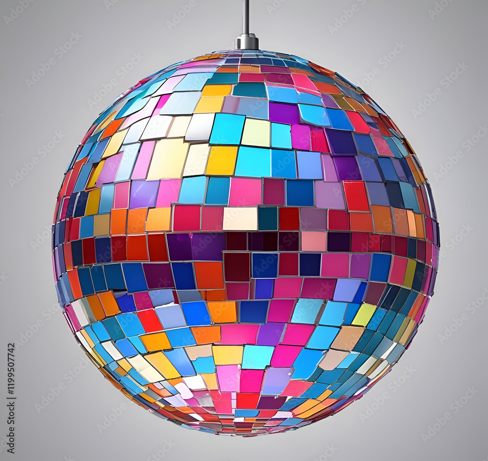 A colorful disco ball hanging on white background A colorful disco ball hanging on white background