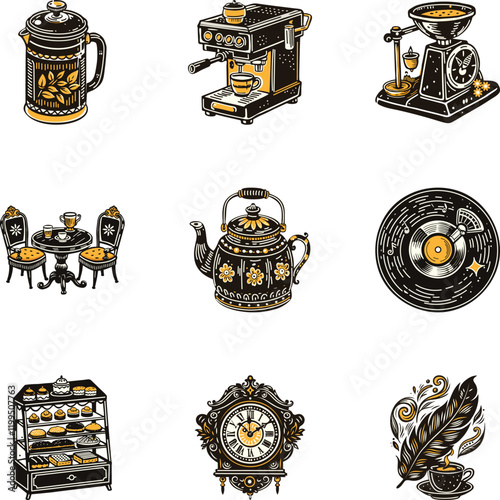 Set of Coffee Making Vintage Style Icons 

