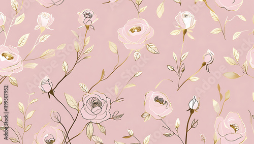 inimalist Floral Pattern with Gold Accents on Pastel Pink