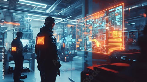 Futuristic Factory Workers Monitoring Advanced Systems Data photo