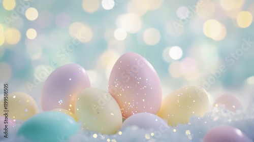 A bokeh effect background with soft pastel colors and egg-shaped lights. photo