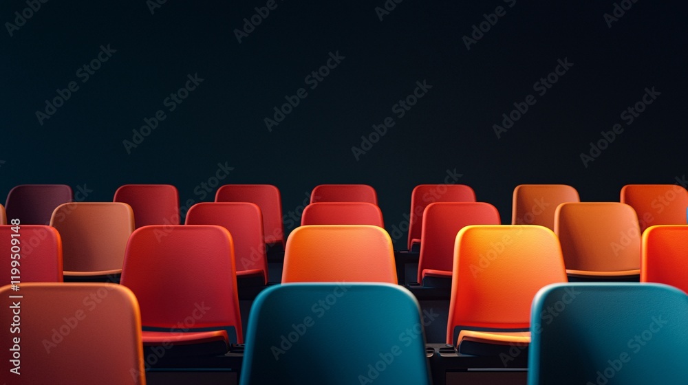Obraz premium Seating arrangement for a dynamic event in a modern auditorium capturing colorful chairs against a dark backdrop emphasizing design and atmosphere