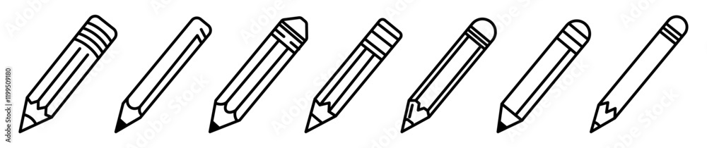Set of Pencil template flat and line icons on transparent background, line design vector illustration, office supplies concept