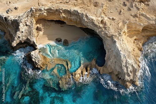 Hidden cove with turquoise water, aerial view. Dramatic coastal rock formations meet the ocean.