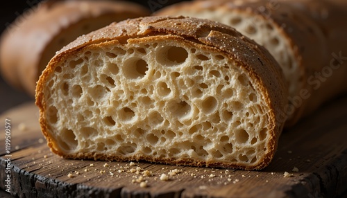 A close-up view of a sliced loaf of artisan bread, showcasing the airy, porous texture of the interior photo