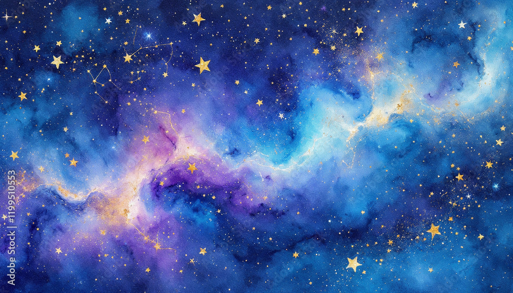 Naklejka premium Colorful galaxy illustration featuring stars and cosmic clouds in deep shades of blue and purple