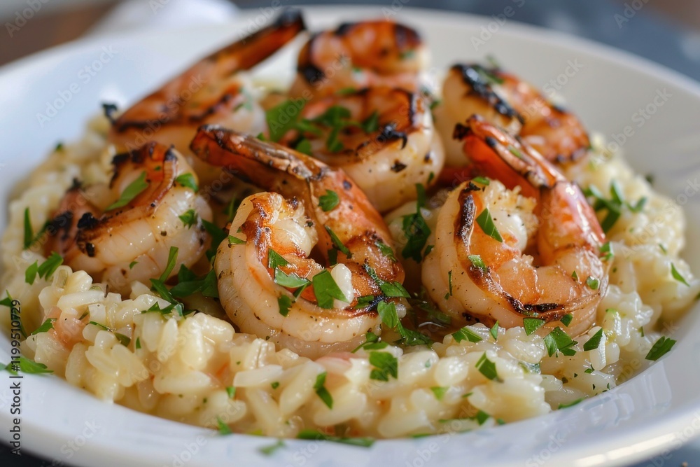 Grilled shrimps are served on top of a creamy risotto, garnished with fresh parsley Grilled shrimps are served on top of a creamy risotto, garnished with fresh parsley