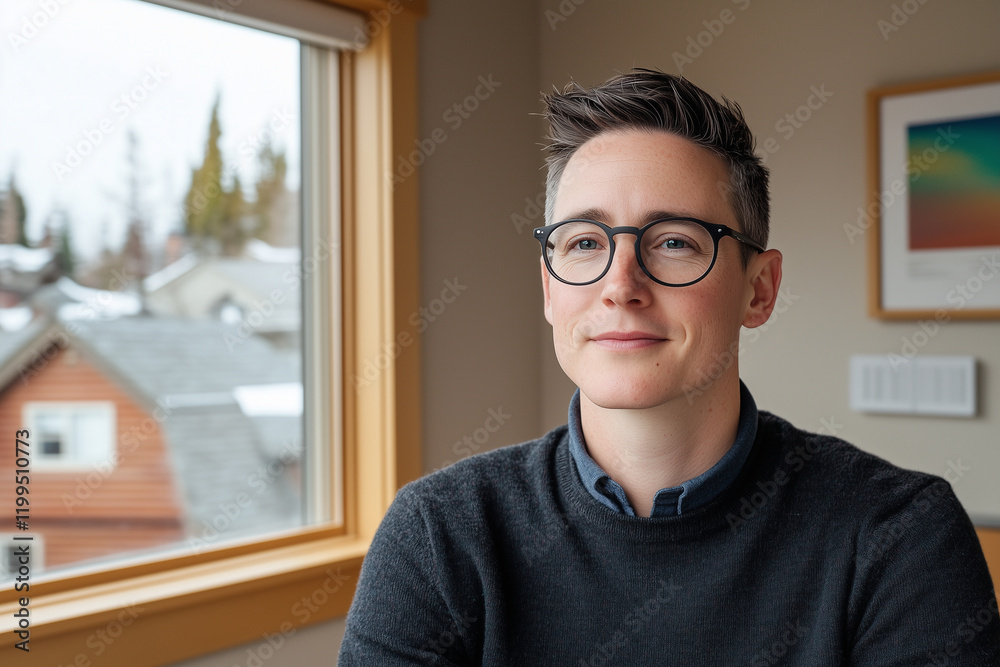 professional individual with short hair and glasses sits by window, exuding confidence and calmness. background features snowy landscape and rustic buildings professional individual with short hair and glasses sits by window, exuding confidence and calmness. background features snowy landscape and rustic buildings