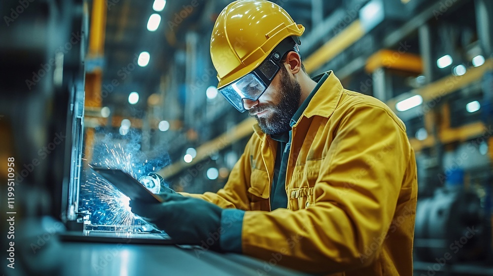Man in safety gear welding at a manufacturing plant, surrounded by metal machinery, showcasing heavy-duty industrial work in the metal industry. Man in safety gear welding at a manufacturing plant, surrounded by metal machinery, showcasing heavy-duty industrial work in the metal industry.