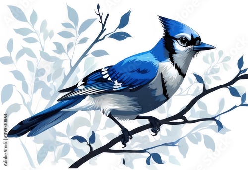 Blue jay perched on branch, leaves background, nature illustration. photo