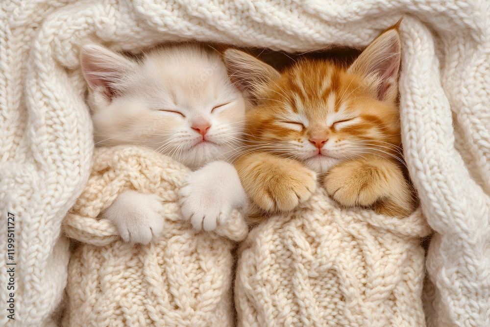 Adorable kittens sleeping soundly nestled together in a cozy cream-colored knitted sweater. Perfect for heartwarming pet, winter, or comfort themes. Adorable kittens sleeping soundly nestled together in a cozy cream-colored knitted sweater. Perfect for heartwarming pet, winter, or comfort themes.