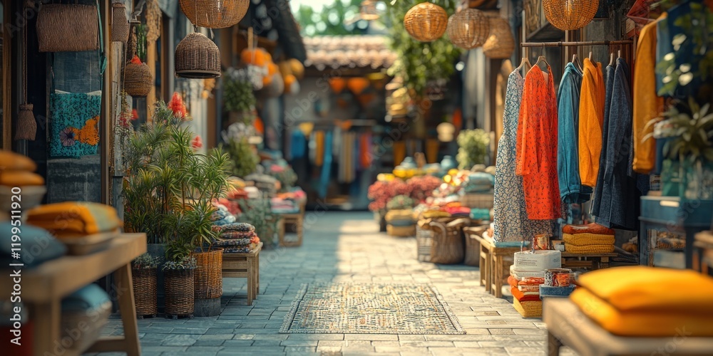 Fototapeta premium Vibrant Asian Market Street Scene: Sunlit Alleyway with Colorful Textiles and Traditional Crafts