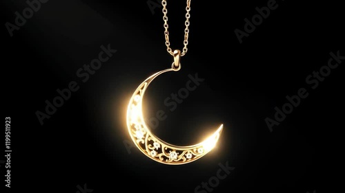 A necklace with a gold chain and a moon pendant. The moon is surrounded by stars. The necklace is a beautiful piece of jewelry