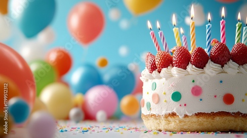 A colorful birthday-themed strawberry shortcake with fun decorations, candles, and a bright background.