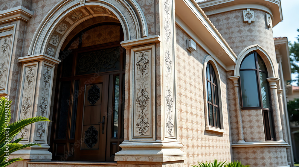 Obraz premium Majestic House Exterior: Ornate Facade and Elegant Entrance Design. Discover the beauty of classical architecture in this luxury home. Real estate, property, and residential design inspiration.