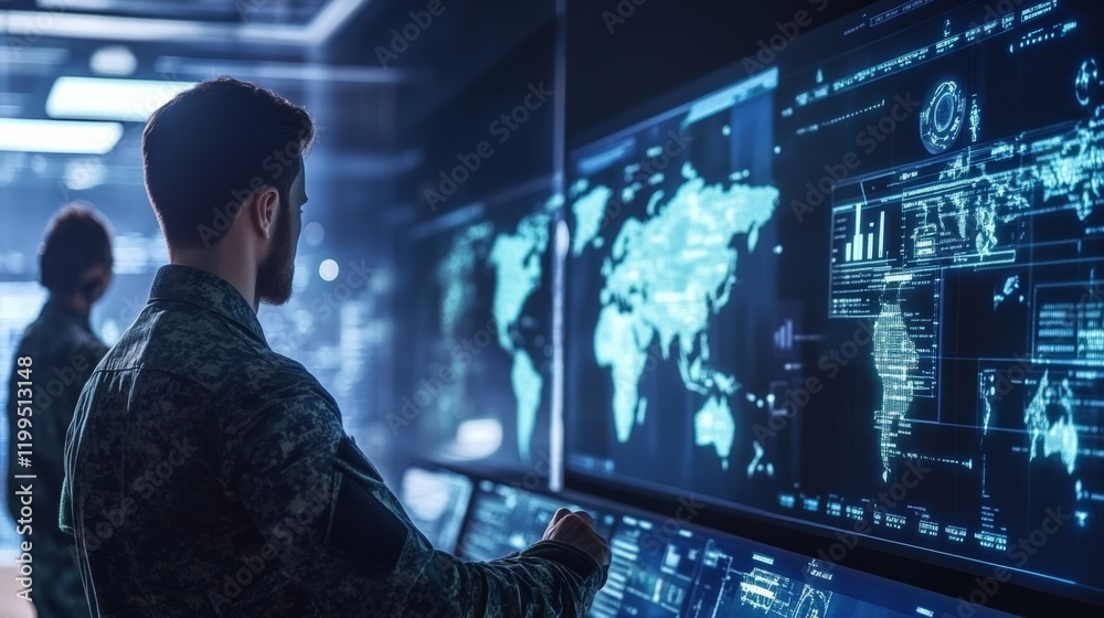 A futuristic global command center with holographic 3D displays showing battlefield intelligence and AI analysis, military technology advancements, A futuristic global command center with holographic 3D displays showing battlefield intelligence and AI analysis, military technology advancements,