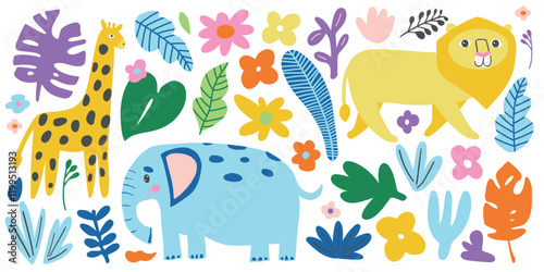 Playful jungle illustration with giraffe, lion, and elephant surrounded by tropical leaves and flowers. Great for kids' designs, safari themes, and wildlife decor.