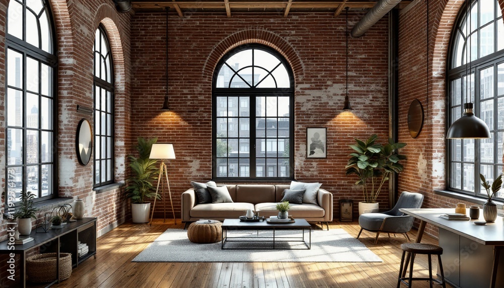 Modern Living Room with Arched Window, Brick Walls, and Cozy Decor Modern Living Room with Arched Window, Brick Walls, and Cozy Decor
