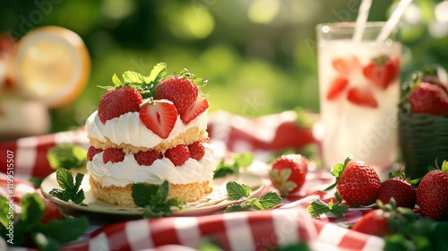 A picnic setting featuring a strawberry shortcake on a checkered blanket, surrounded by fresh strawberries, mint leaves, and a glass of lemonade. photo