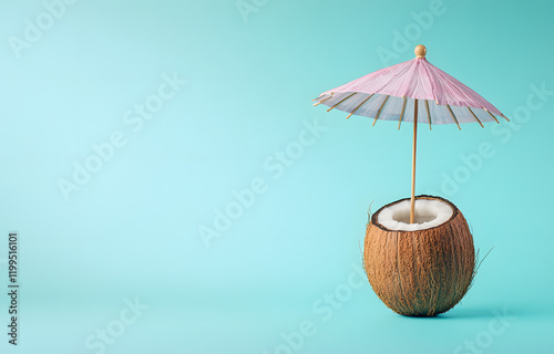 Wallpaper Mural a mini coconut cocktail with an umbrella on a blue background Torontodigital.ca