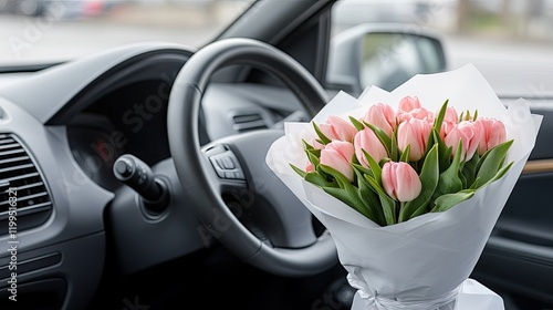 Pink tulips in white paper create an elegant gift inside a modern car, adding charm to a Valentine's Day or Mother's Day surprise photo