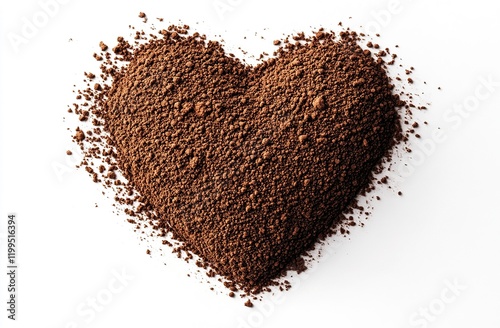 A cute little heart made of ground chocolate powder, isolated on a white background