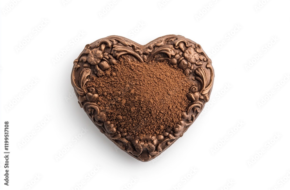 A cute little heart made of ground chocolate powder, isolated on a white background A cute little heart made of ground chocolate powder, isolated on a white background