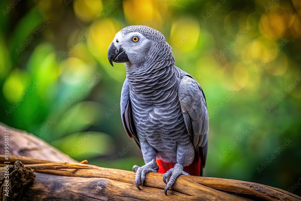 Fototapeta premium Majestic Grey Parrot Perched on Rustic Wooden Branch - Wildlife Stock Photo