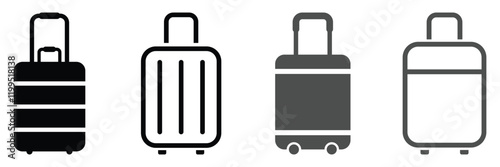 Suitcase icon set. Luggage, bag icon set. Travel trip flight trolley sign. Rolling baggage icon for UI designs.