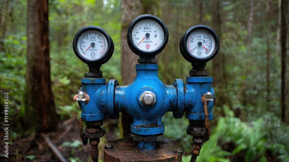 Fototapeta premium Blue Water Pressure Gauge in a Forest Setting