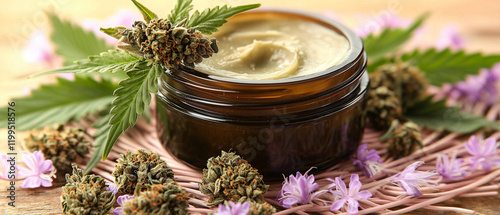 Natural cannabis cream in a glass jar surrounded by hemp flowers and greenery on a rustic texture. Generative AI