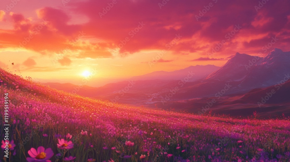 Fototapeta premium Scenic landscape with wildflower fields under a vibrant sunset sky