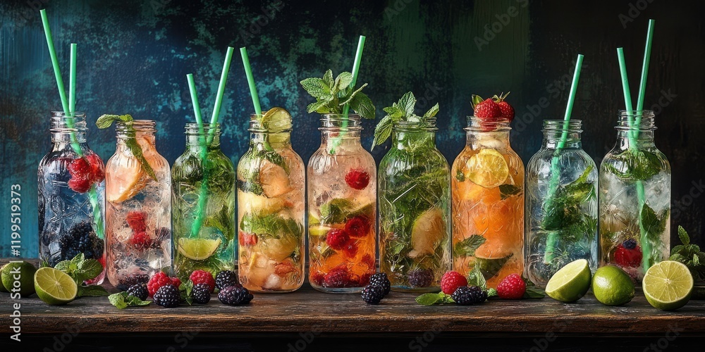 Fototapeta premium Colorful Refreshing Summer Drinks in Mason Jars with Mint and Citrus on a Dark Background, Perfect for Celebrations and Parties