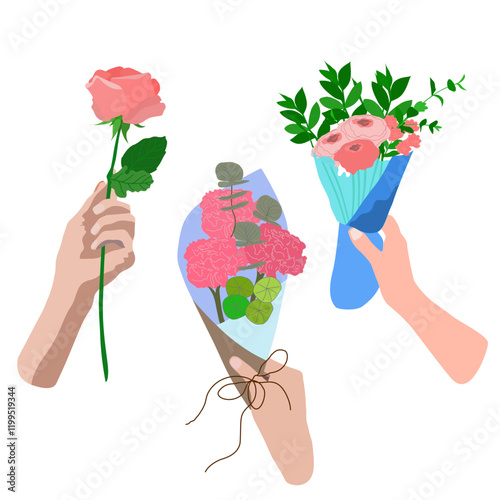 Hand holding flowers, giving love, graphics, bouquet, love, giving, group, three-handed design, Valentine's Day, wedding, anniversary, happiness, happy,
roses, decorative, leaves, graduation, ceremony