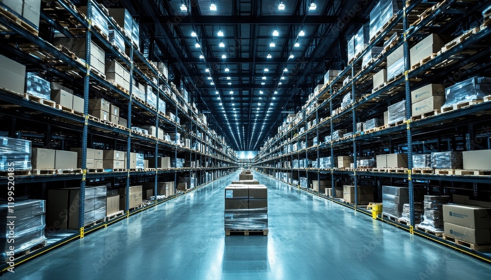 Fototapeta premium Strategic placement of boxes on long shelves enhances warehouse efficiency.
