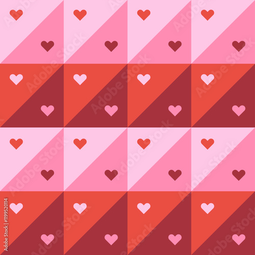 Geometric pattern with small hearts in retro style. Seamless vector background with modular triangles and little hearts in pink, orange, and red shades