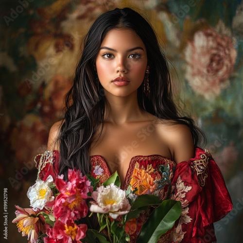 Woman in Blooming Floral Harmony