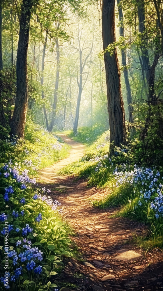 Obraz premium A serene spring path surrounded by fresh green trees and vibrant wildflowers, bathed in dappled sunlight