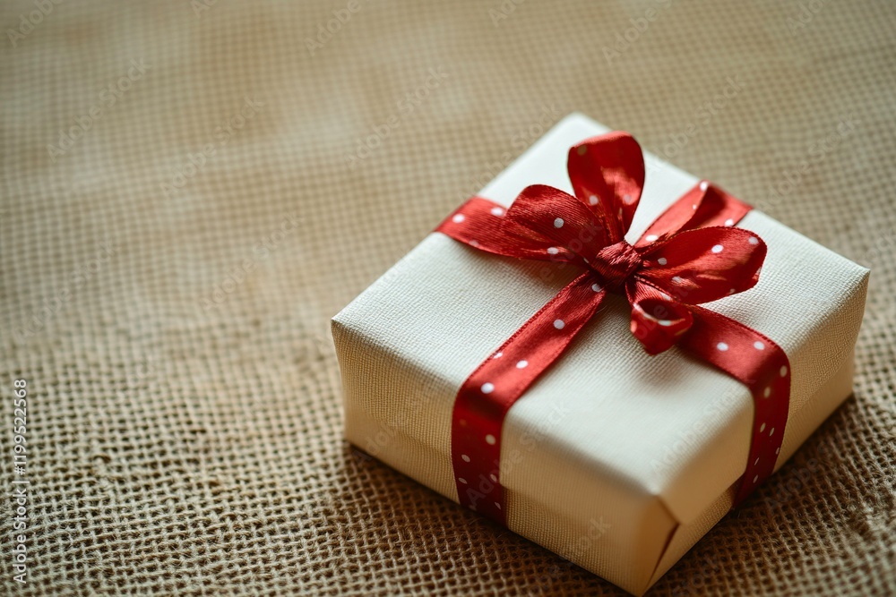 Valentines Gift On Canvas Background With a White Card. Copyspace. Valentines Gift On Canvas Background With a White Card. Copyspace.