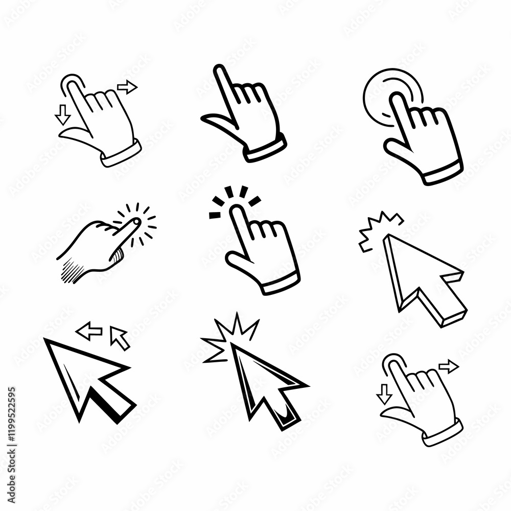Fototapeta premium A collection of black and white vector graphics depicting various mouse and touchscreen gestures.