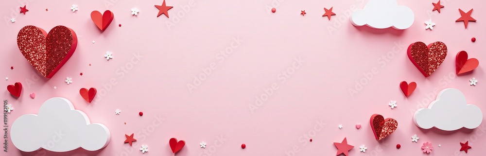 Obraz premium Horizontal Banner With Pink Background Featuring Glittering Hearts, Stars, Flowers, And Space For Text Surrounded By Paper Cut Clouds. 00003