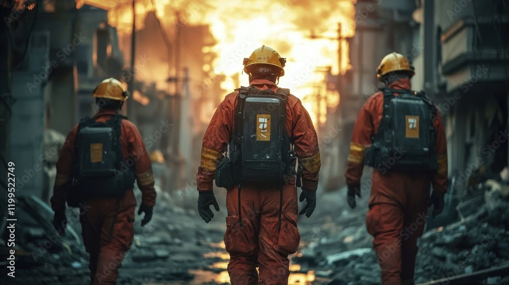 Fototapeta premium Heroes of the hour: rescue efforts in the wake of calamity.