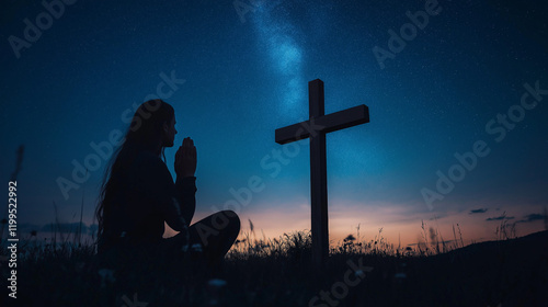 Women Praying Near Wooden Cross Under Starry Night Symbolizing Jesus Crucifixion and Faith