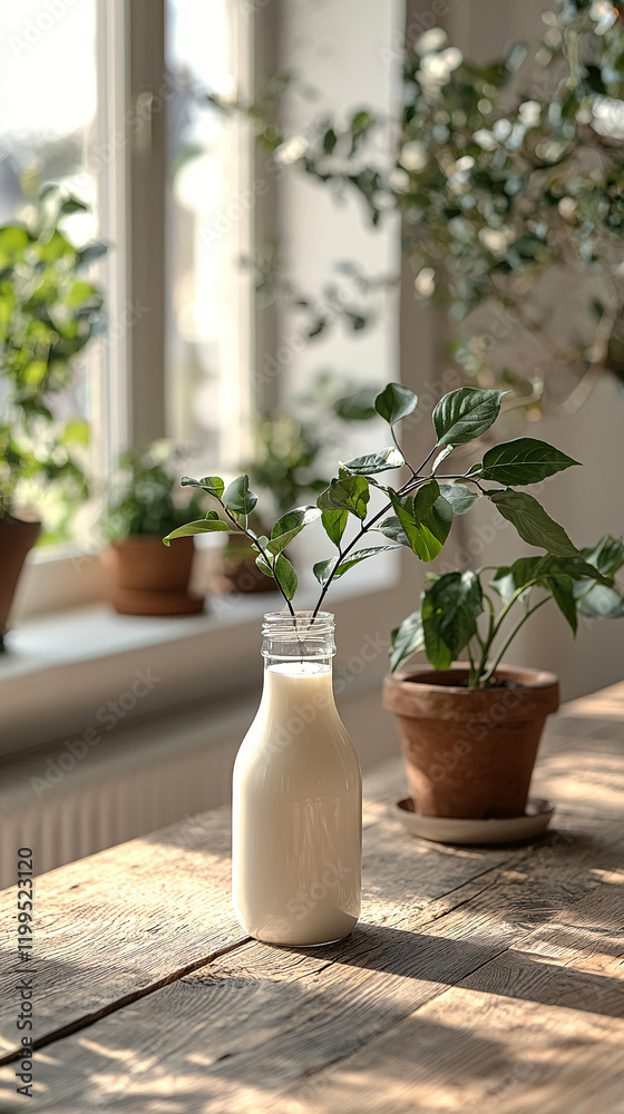 Fototapeta premium Morning light illuminates a glass bottle of milk with a plant sprouting from it in a cozy indoor setting. Generative AI