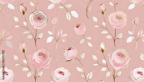 inimalist Floral Pattern with Gold Accents on Pastel Pink