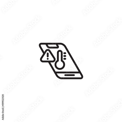 A minimalist line art icon of a smartphone with a thermometer and warning triangle, representing overheating or temperature alert.