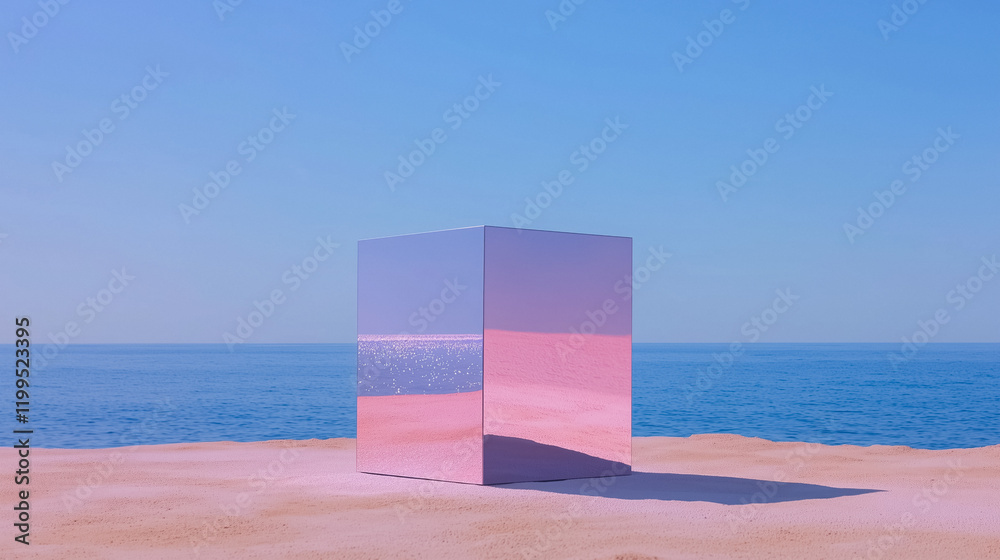 A reflective glass cube on a sandy beach, capturing the blue sea and pink hues of the sky, blending nature’s tranquility with abstract modern art. A reflective glass cube on a sandy beach, capturing the blue sea and pink hues of the sky, blending nature’s tranquility with abstract modern art.