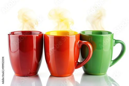 Vibrant Red, Yellow & Green Coffee Mugs on White - Hot Drink Stock Photo photo