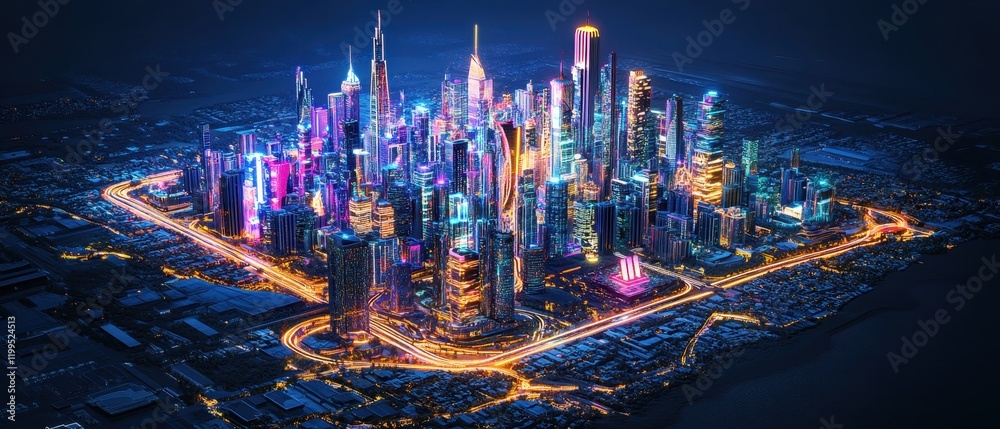 Fototapeta premium Vibrant skyline of Dubai illuminated at night with modern architecture reflecting in the water